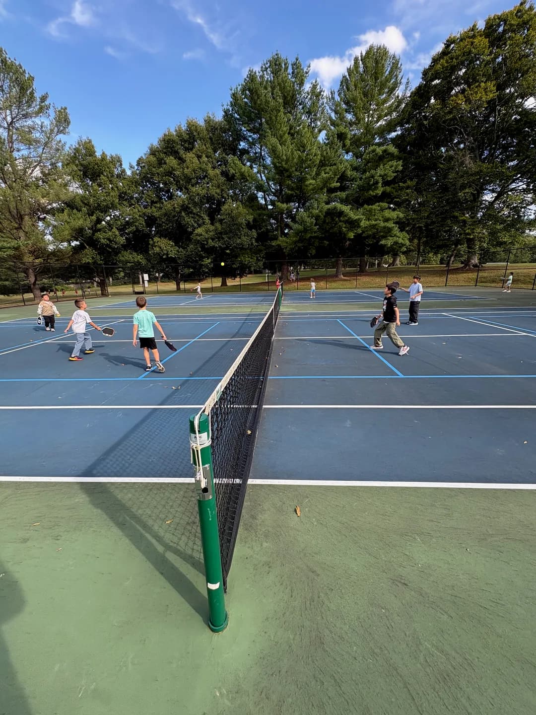Young players rallying on outdoor courts bordered by trees