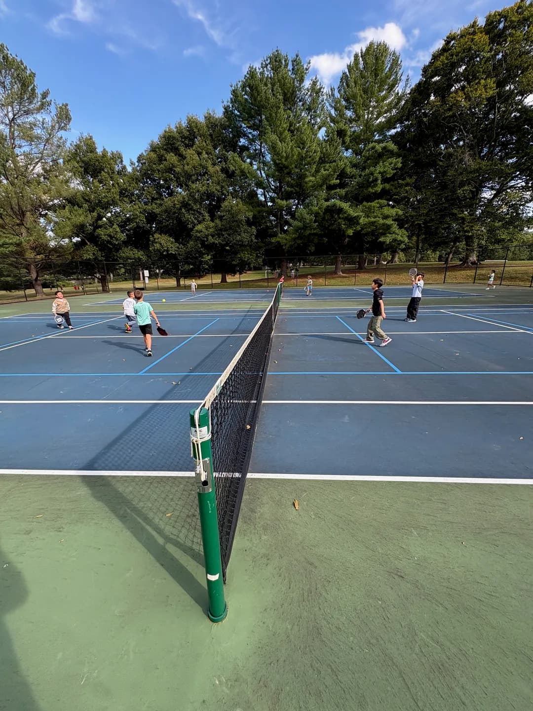 Young players rallying on outdoor courts bordered by trees
